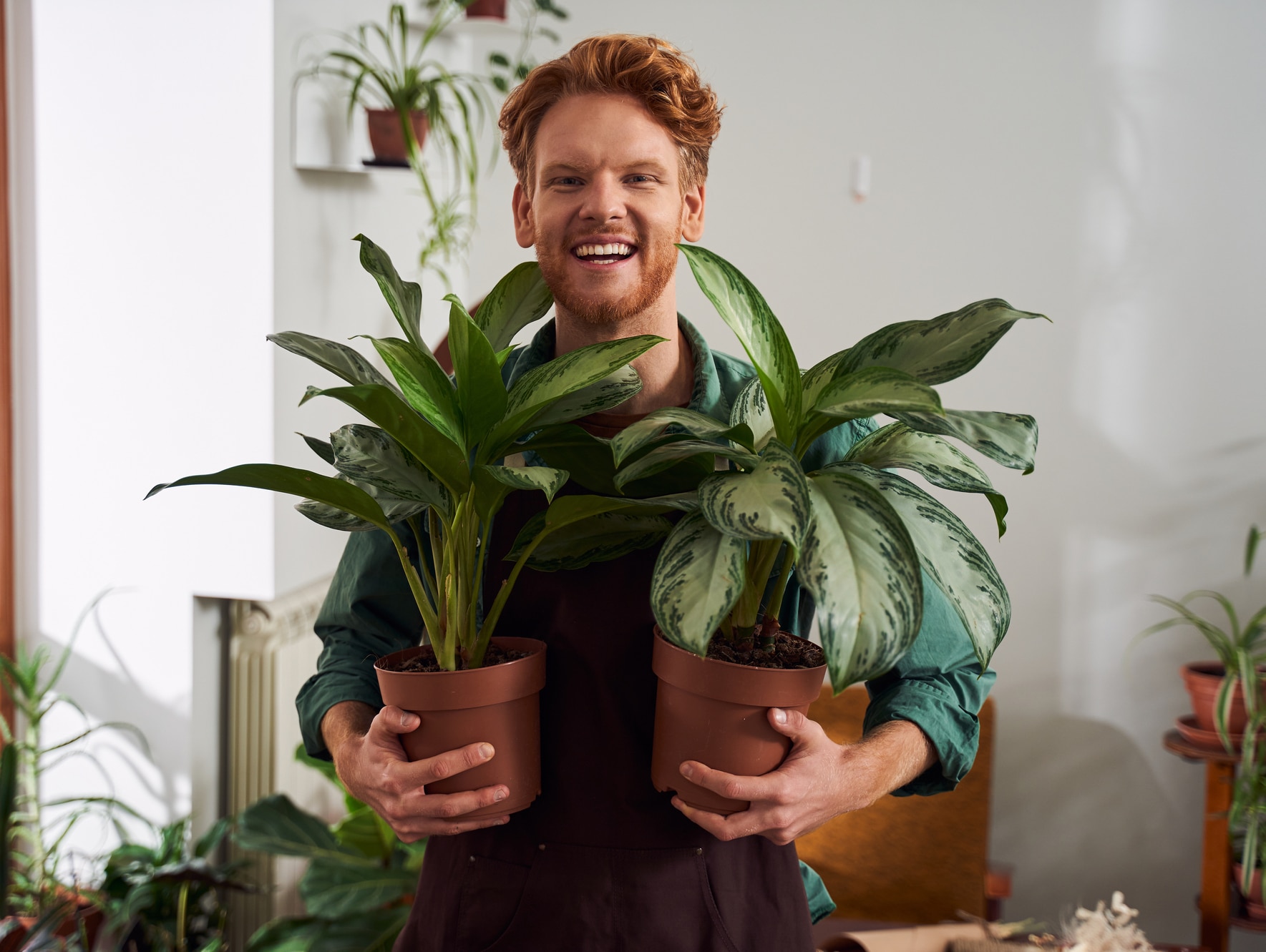 man holding plants in pots